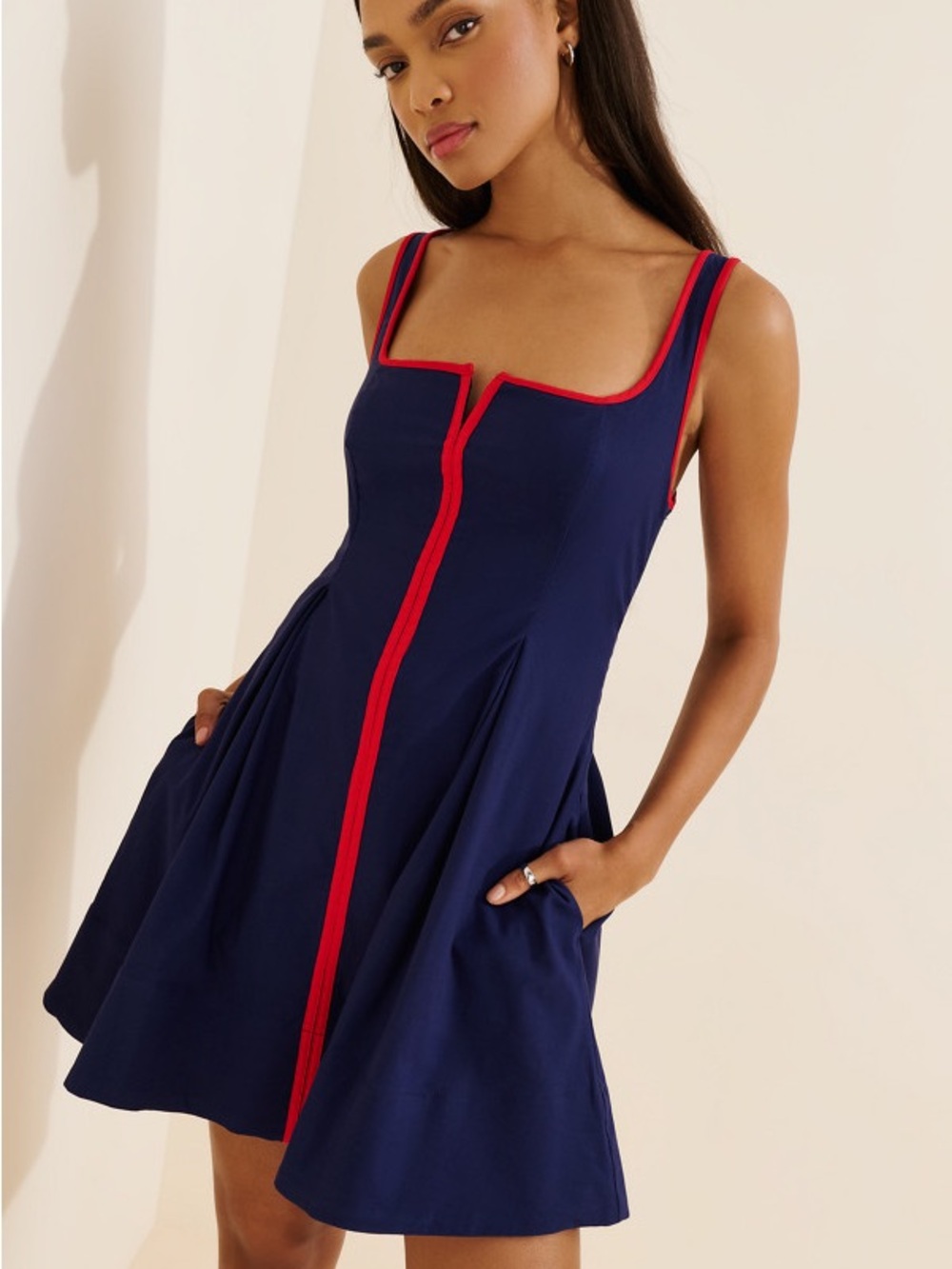 Anthropologie Maeve Navy Mini Dress with Red Trim